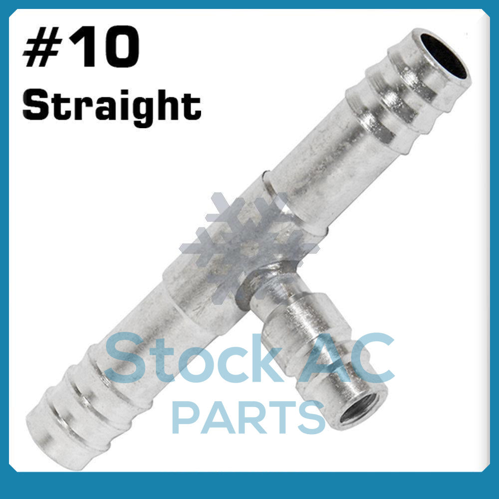 BARBED A/C FITTING, #10 TO  #10 STRAIGHT HOSE SPLICE,ALUMINUM w/13mm SERV. PORT - Qualy Air