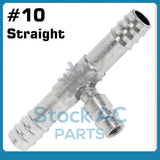 BARBED A/C FITTING, #10 TO  #10 STRAIGHT HOSE SPLICE,ALUMINUM w/13mm SERV. PORT