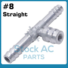 Load image into Gallery viewer, BARBED A/C FITTING, #8 TO  #8 STRAIGHT HOSE SPLICE,ALUMINUM w/16mm SERV. PORT - Qualy Air