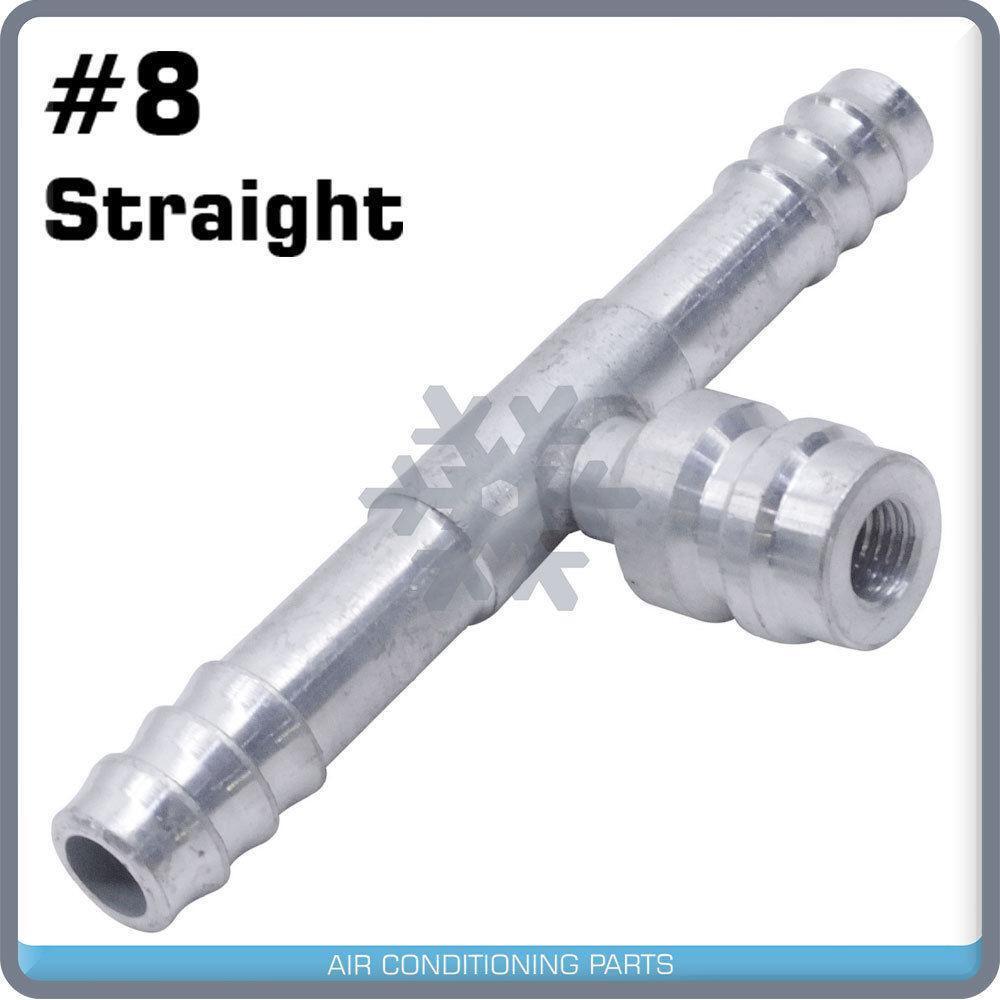 BARBED A/C FITTING, #8 TO  #8 STRAIGHT HOSE SPLICE,ALUMINUM w/16mm SERV. PORT - Qualy Air
