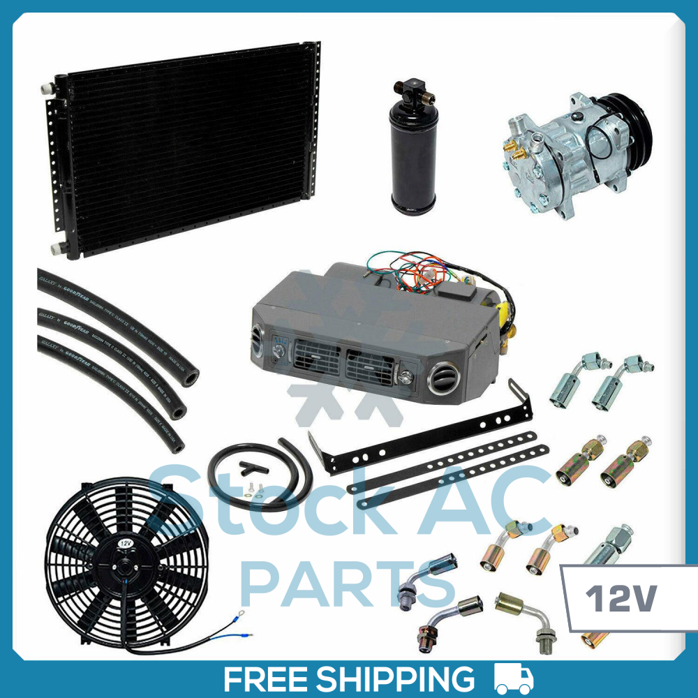 BRAND NEW 12V A/C KIT UNDER DASH/ COMPRESSOR/ CONDENSER (18X29)/FITTINGS / HOSES - Qualy Air