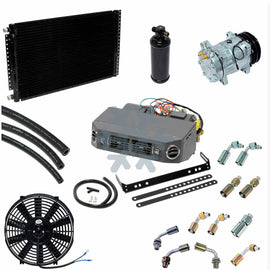 BRAND NEW 12V A/C KIT UNDER DASH/ COMPRESSOR/ CONDENSER (18X29)/FITTINGS / HOSES - Qualy Air